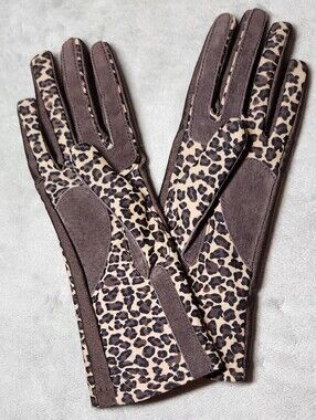 Women's Leaopard Print Brown Faux Suede & Lycra Trim Gloves One Size